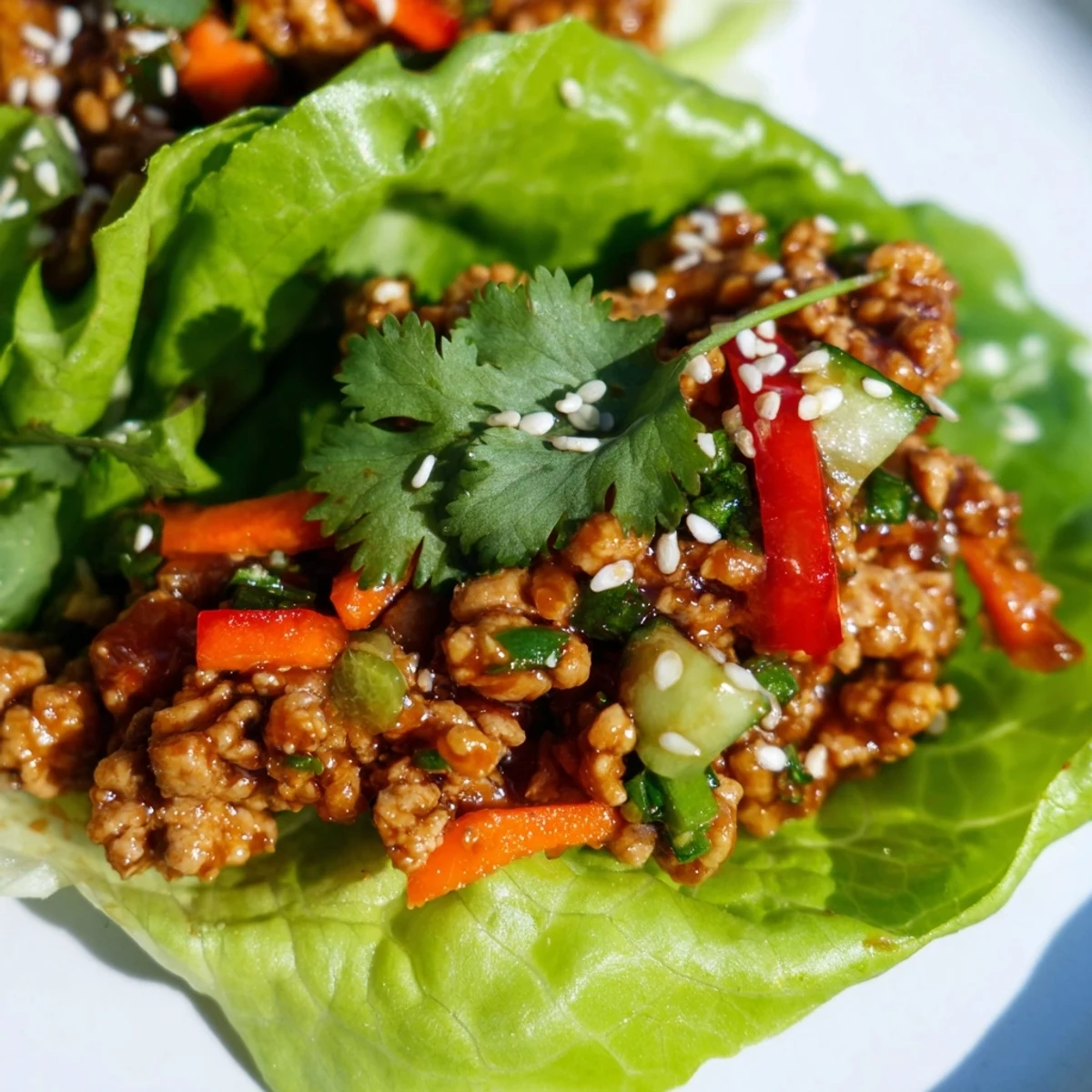 Healthy ground turkey lettuce wrap bowls topped with sesame seeds and lime wedges