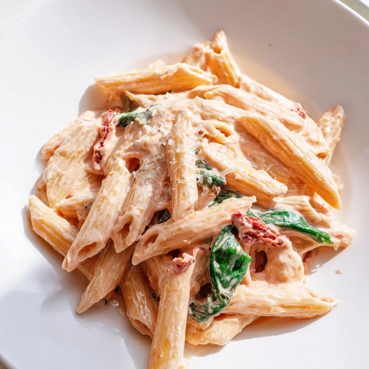 Creamy sun dried tomato spinach pasta in a rustic skillet with vibrant green wilted leaves