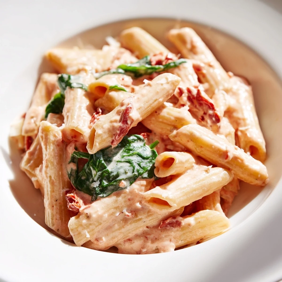 Penne noodles coated in velvety sun dried tomato spinach pasta sauce with parmesan