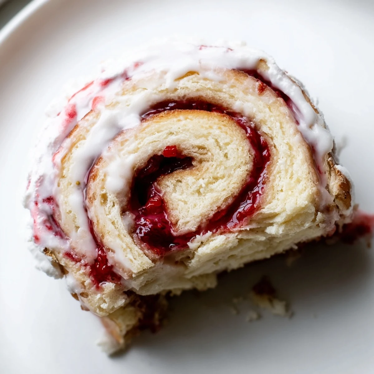 Golden strawberry shortcake cheesecake rolls drizzled with sweet vanilla glaze on a rustic plate