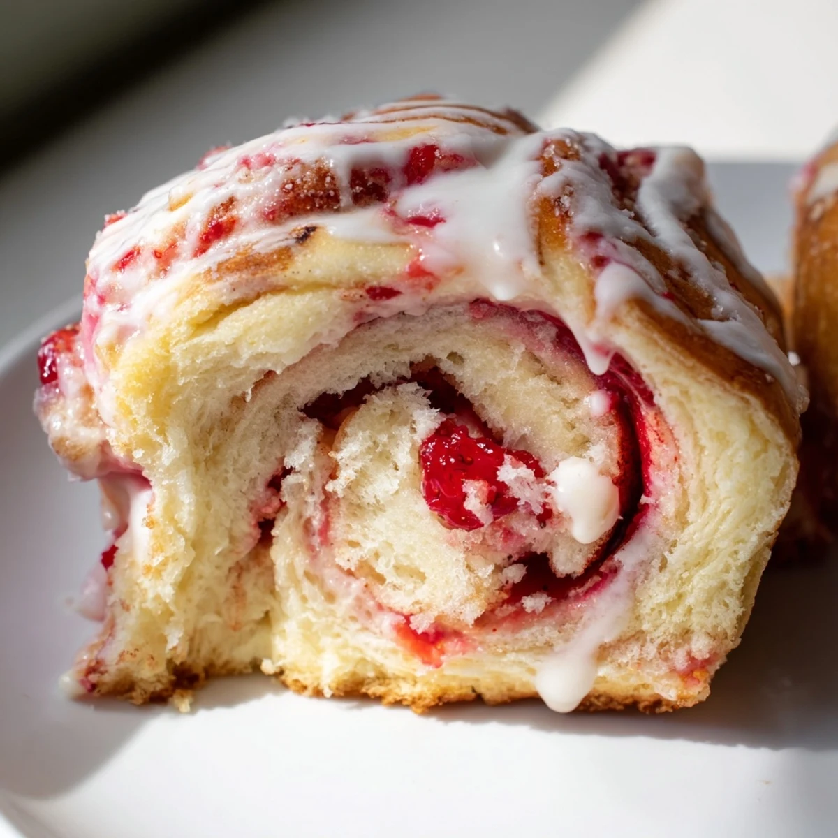 Soft swirled strawberry shortcake cheesecake rolls oozing creamy filling and glossy jammy berries