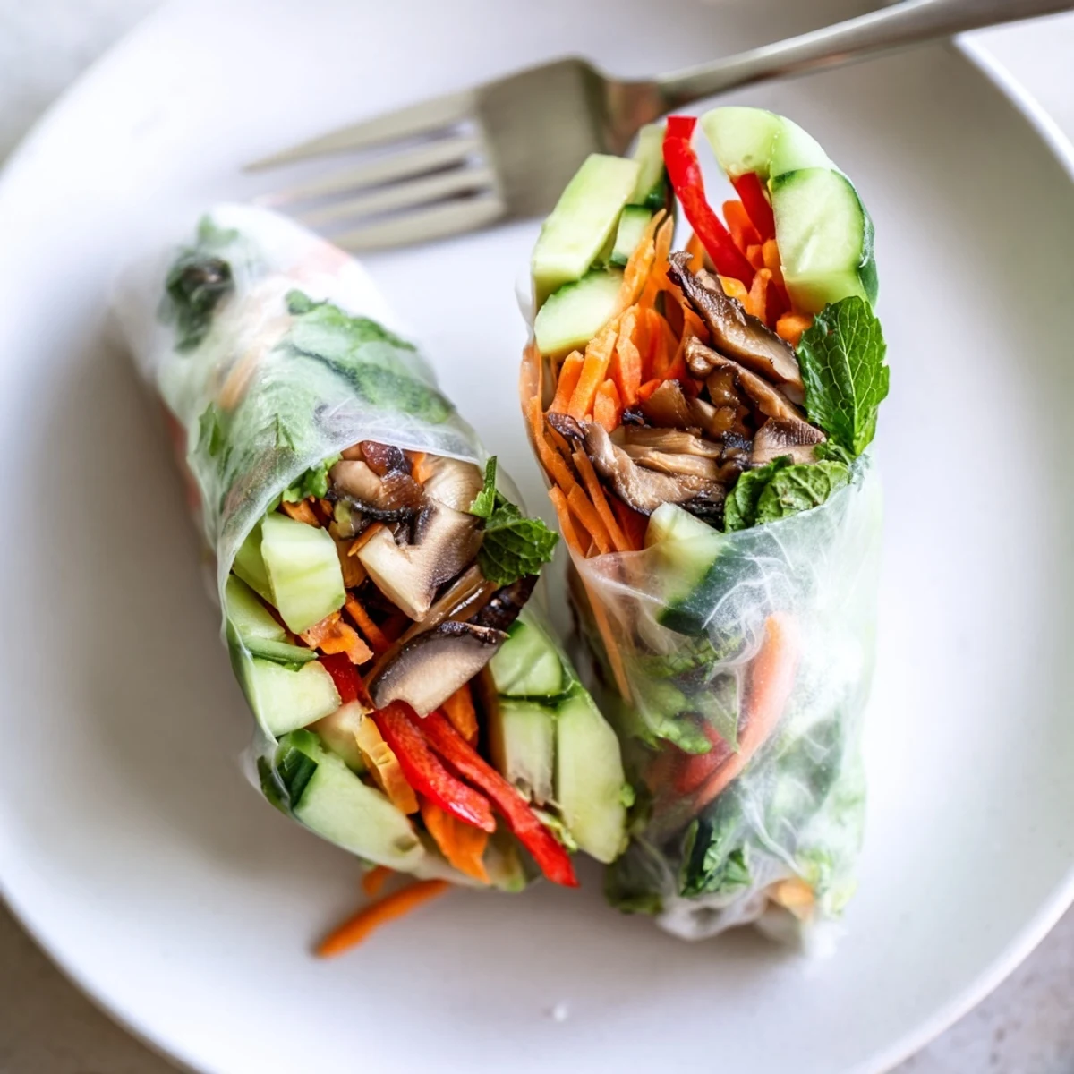 Creamy avocado shiitake spring rolls wrapped in translucent rice paper