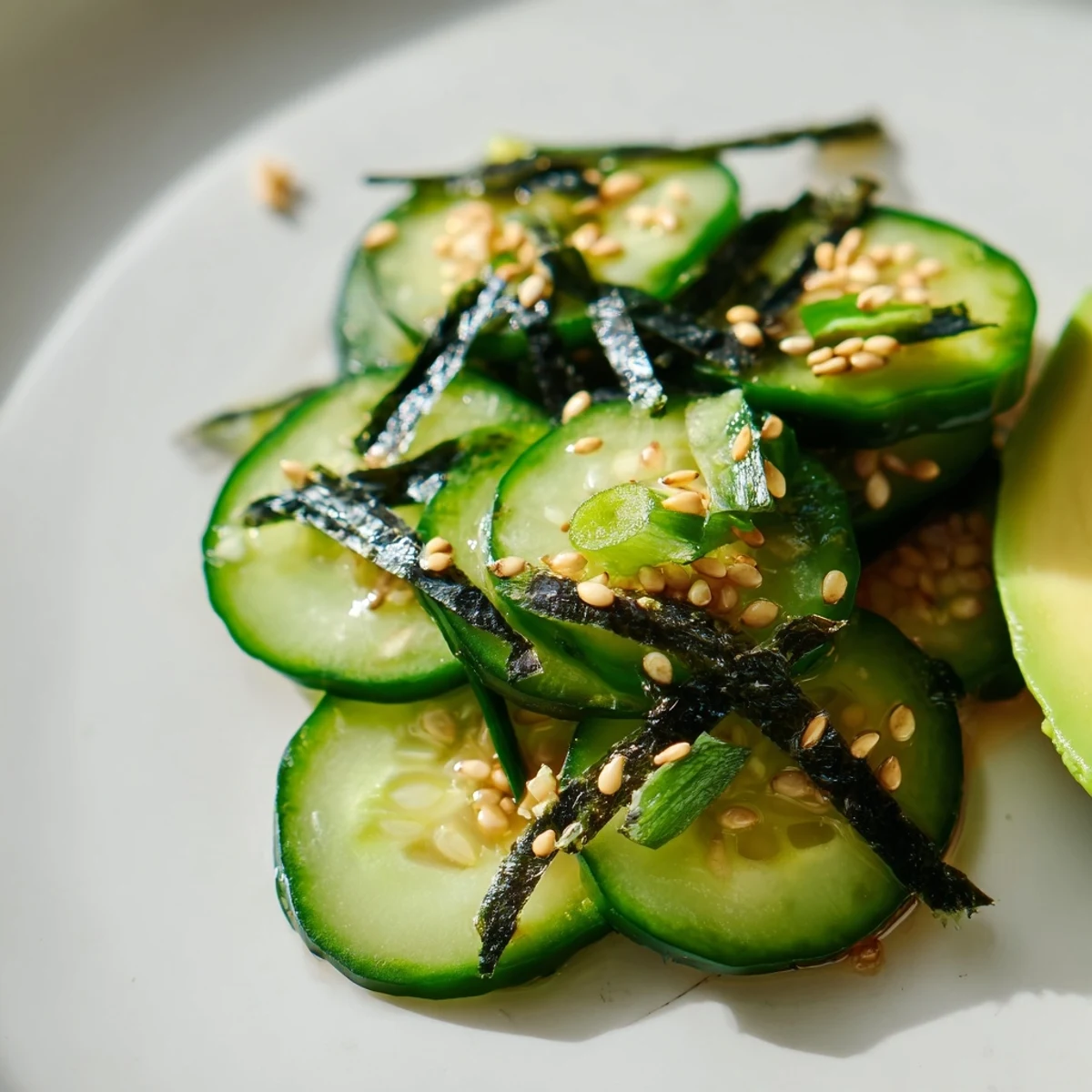 Thinly sliced cucumbers tossed in tangy rice vinegar dressing for sushi cucumber salad