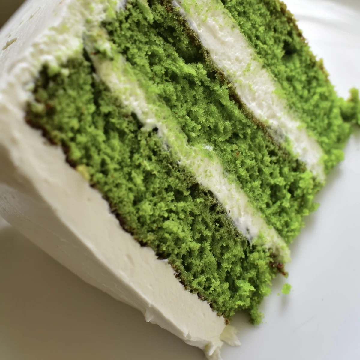 Green Velvet Cake with fluffy cream cheese frosting on a decorative cake stand