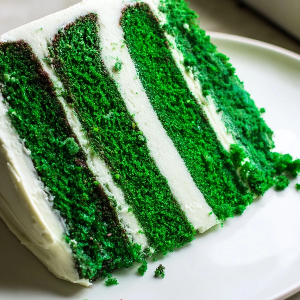 Vibrant emerald Green Velvet Cake slice topped with creamy white frosting