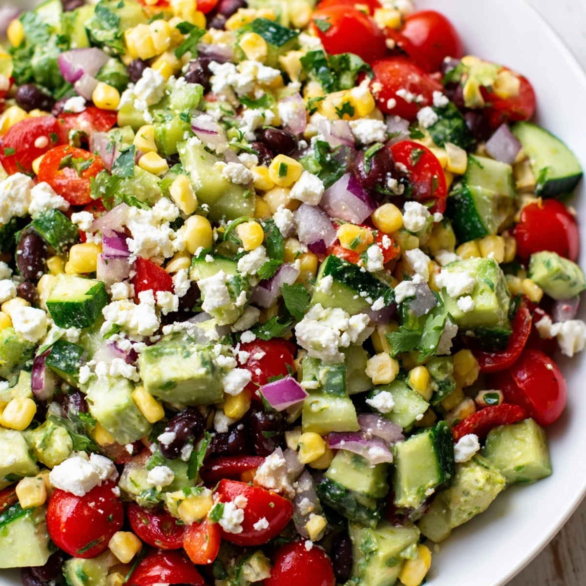 Mexican chopped salad topped with crumbled cotija cheese avocado and zesty cilantro garnish