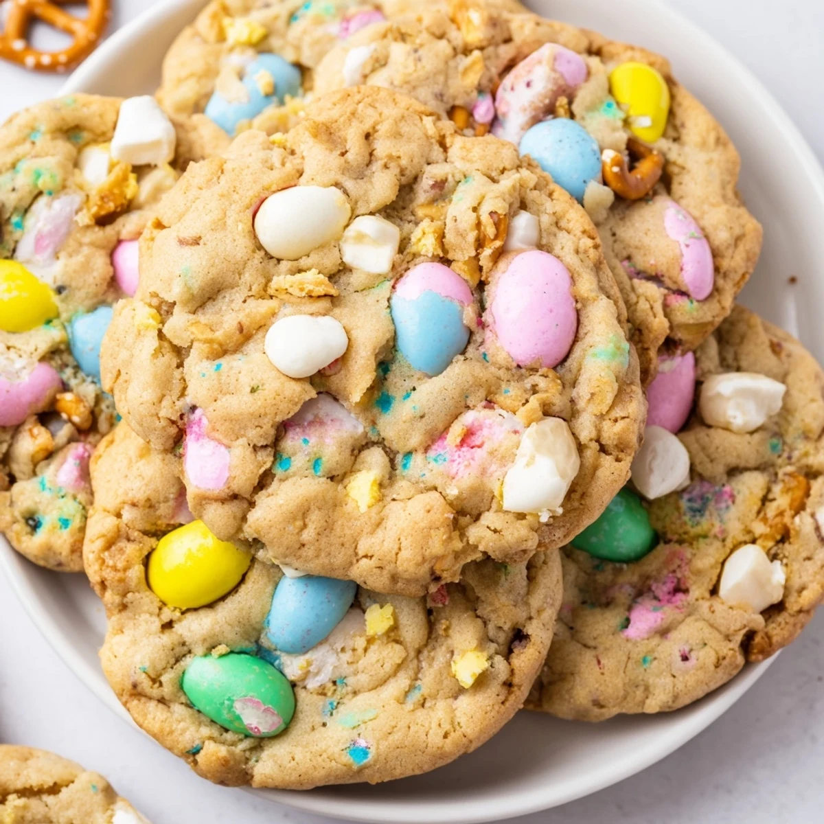 Colorful Easter Trash Cookies loaded with pastel candies, pretzels, and sprinkles on a rustic baking sheet