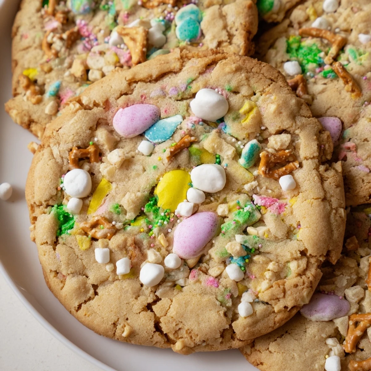 Chewy Easter Trash Cookies with crispy cereal, mini marshmallows, and candy-coated chocolates freshly baked