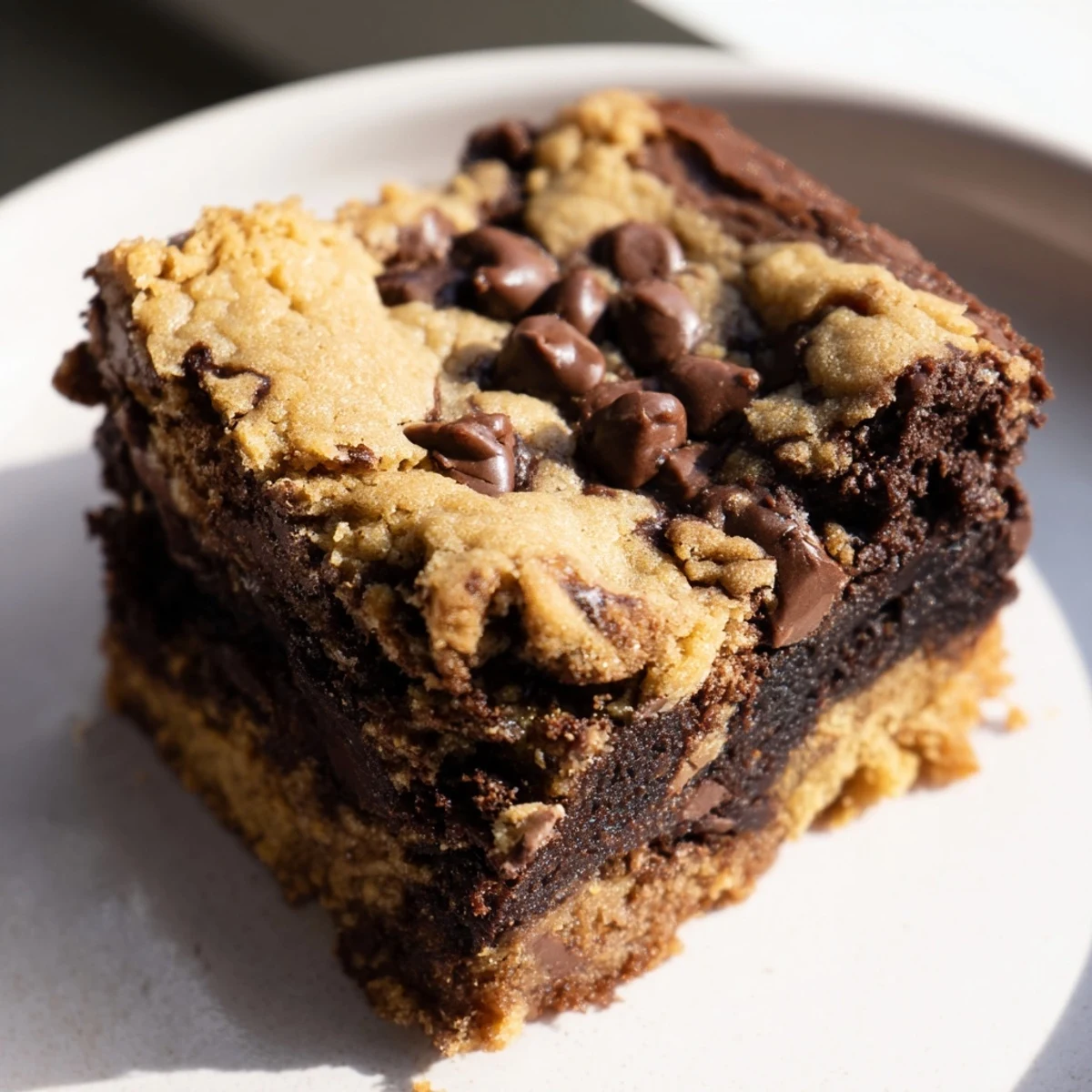 Golden vegan brookies stacked on a rustic wooden board with melted chocolate chips glistening throughout
