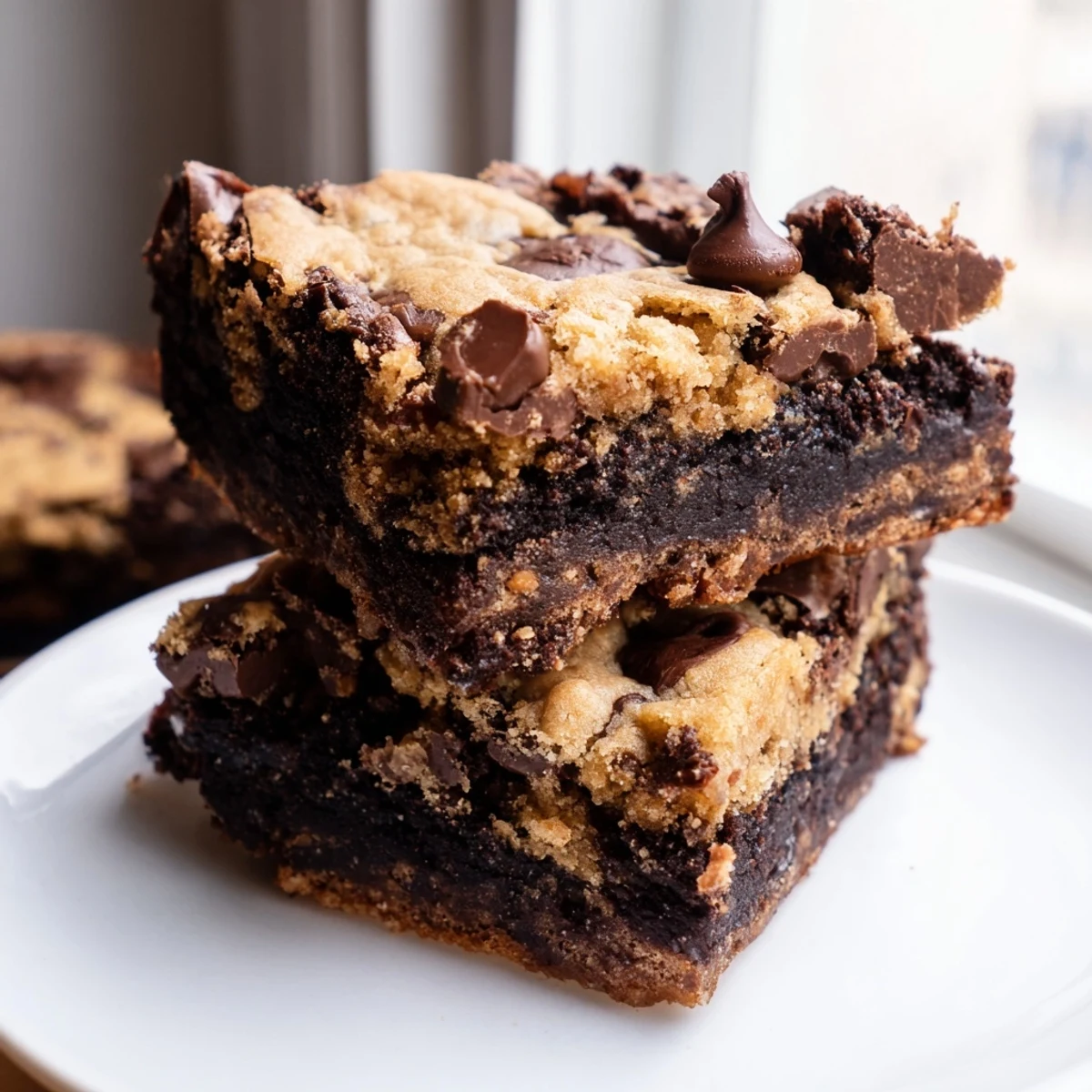Fudgy double layer vegan brookies sliced into squares revealing rich brownie and cookie layers