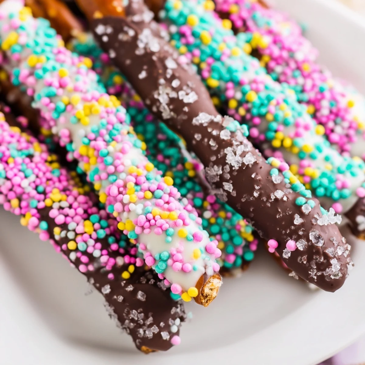 Chocolate covered pretzels for Easter with pastel sprinkles on a white serving platter