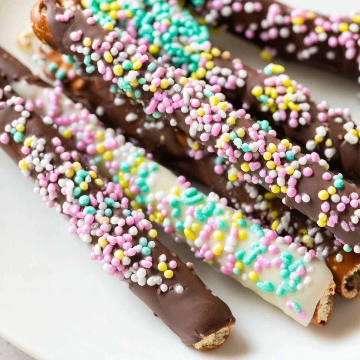 Crunchy chocolate covered pretzels for Easter drizzled with candy melts and festive decorations