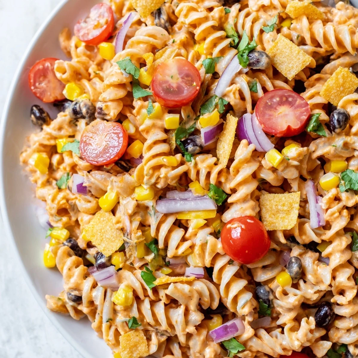 Colorful taco pasta salad in a white bowl with fresh tomatoes, corn, black beans, and cheddar cheese