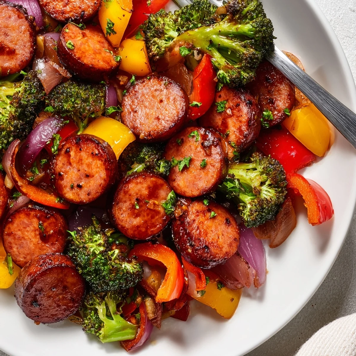 One Pan Honey Garlic Kielbasa Veggies roasted with colorful peppers and broccoli on a sheet pan