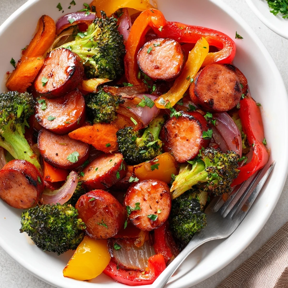 Smoky sausage and tender vegetables glistening with honey garlic glaze fresh from the oven