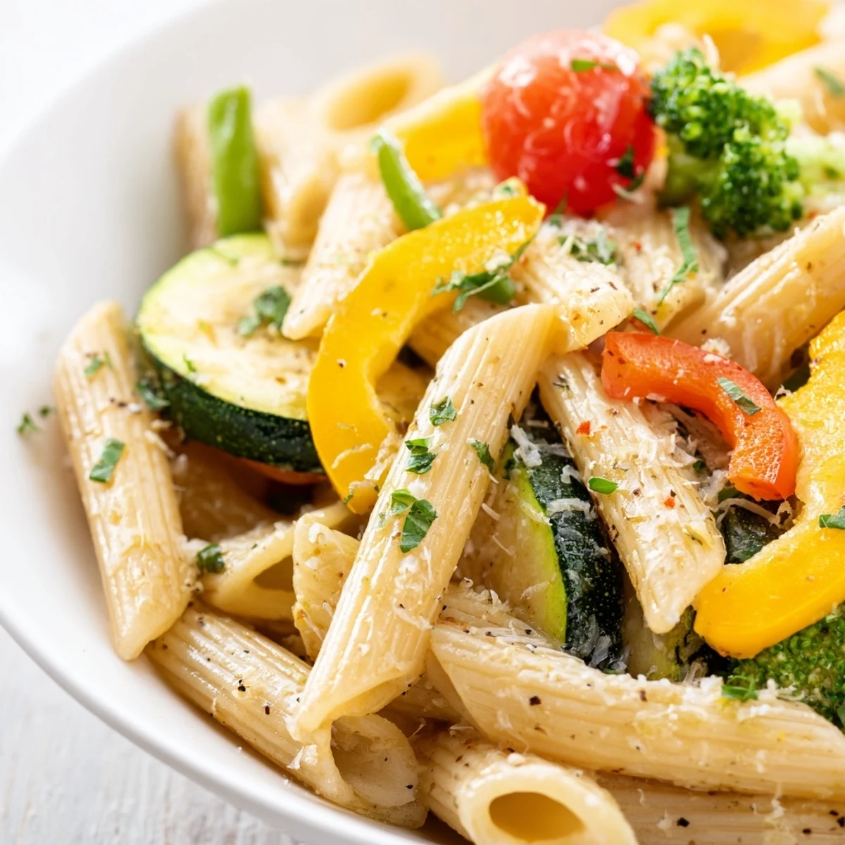 Creamy Pasta Primavera tossed with crisp garden veggies and fresh herbs on a white plate