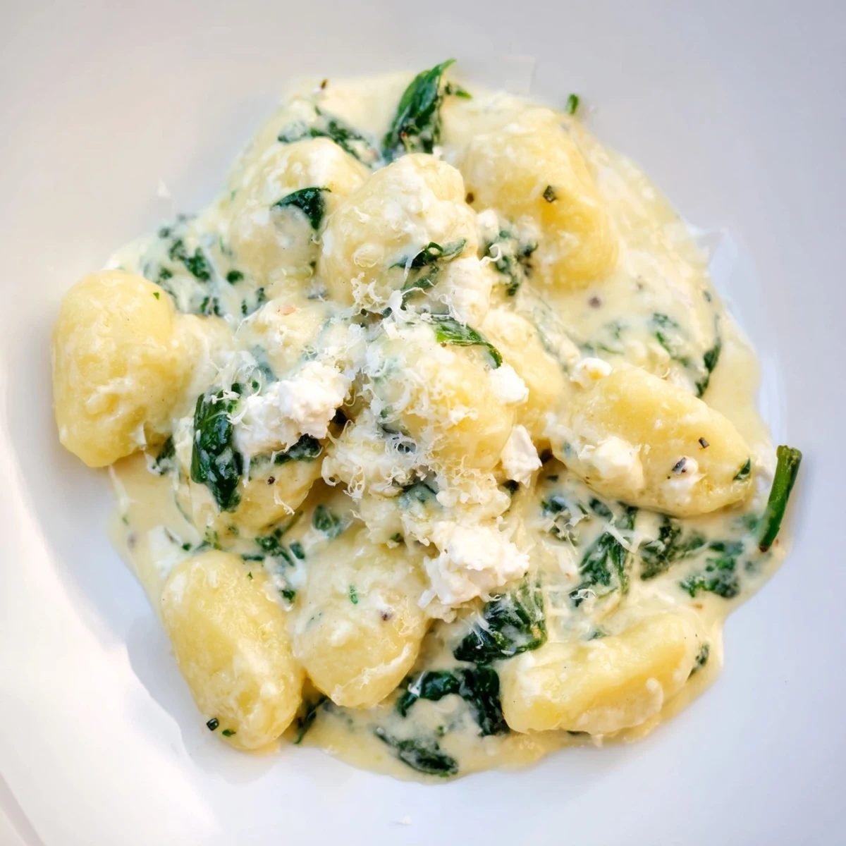 Creamy gnocchi with spinach and feta topped with extra crumbled cheese