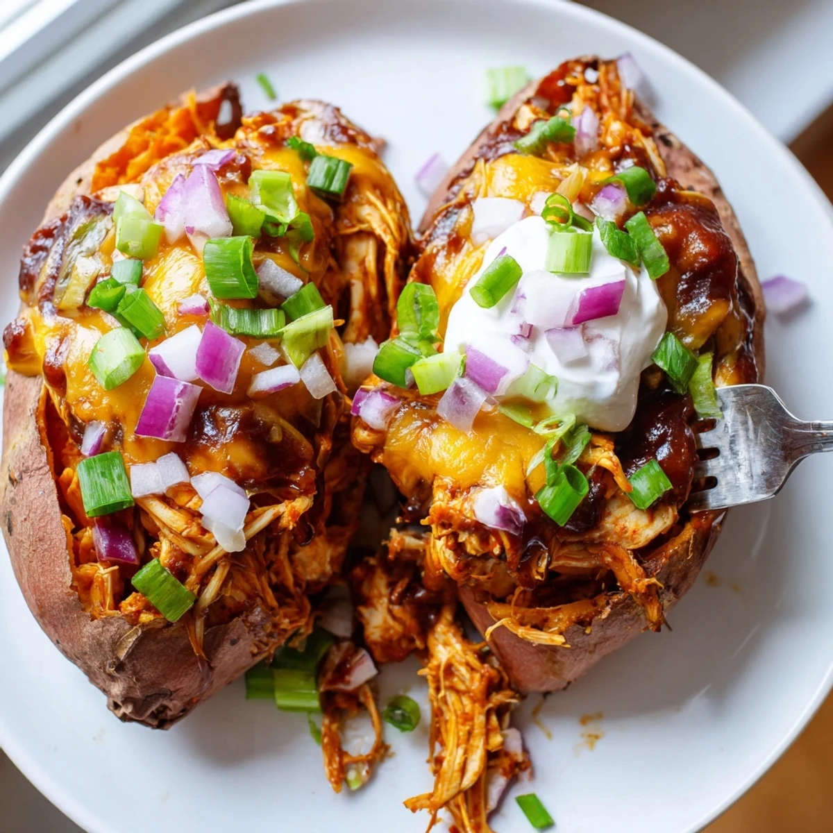 BBQ Chicken Stuffed Sweet Potatoes topped with melted cheddar and fresh green onions