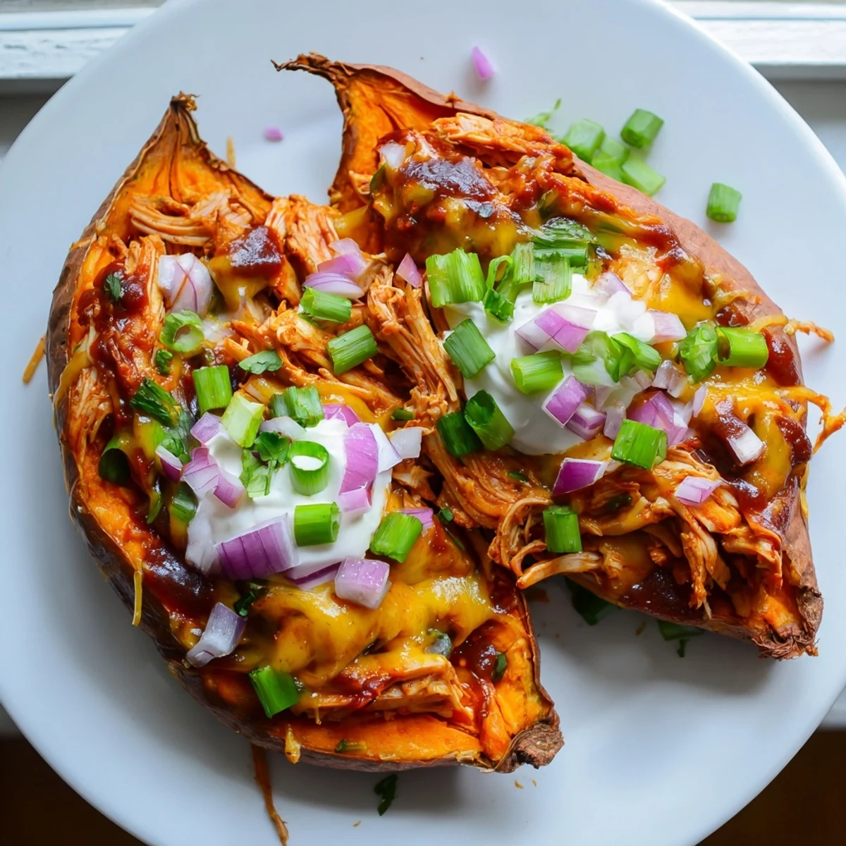 Smoky BBQ Chicken Stuffed Sweet Potatoes served hot with sour cream and cilantro