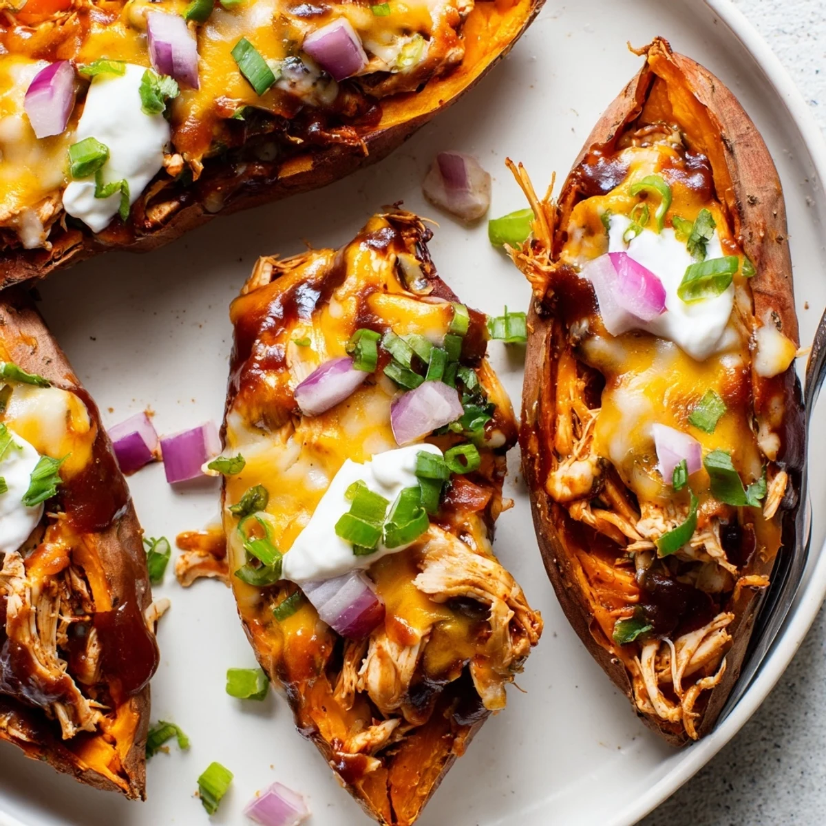 Golden roasted sweet potatoes loaded with tender BBQ chicken and gooey melted cheese