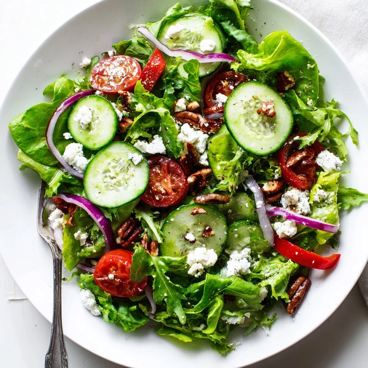 Fresh spring mix salad with colorful vegetables and crumbled feta in rustic wooden bowl
