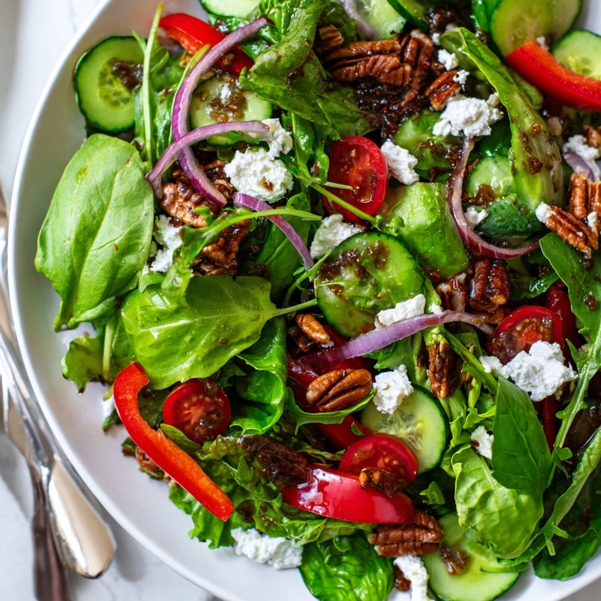 Vibrant spring mix salad featuring crisp cucumber tomatoes and tangy balsamic vinaigrette dressing