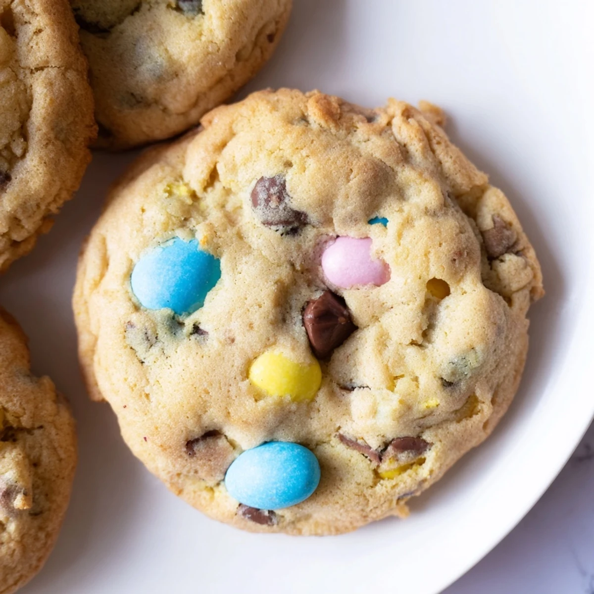Soft Cadbury Egg Cookies with colorful candy pieces nestled in golden cookie dough