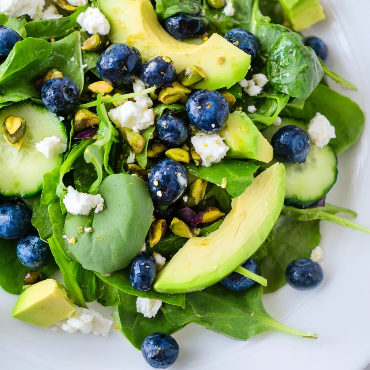 A vibrant blueberry pistachio spring salad tossed with creamy avocado and tangy feta