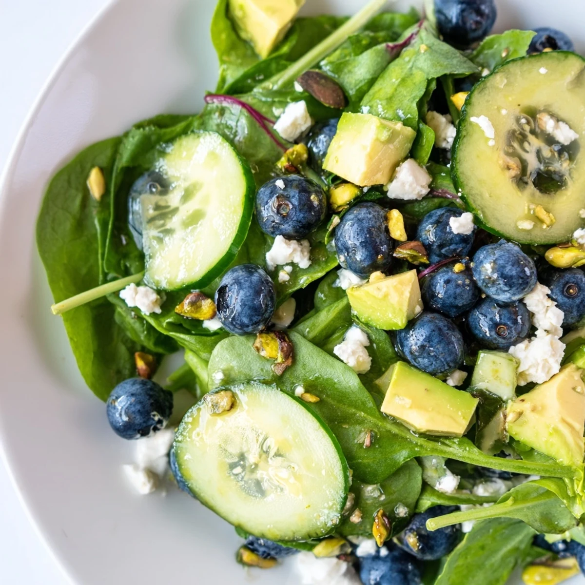 Fresh blueberry pistachio spring salad drizzled with lemon honey mustard dressing on rustic ceramic plate