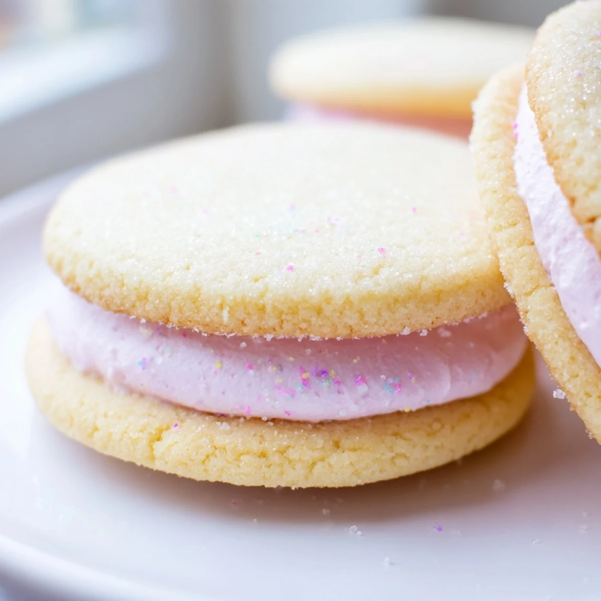 Soft pastel sugar cookie sandwiches with swirled buttercream filling on a white plate