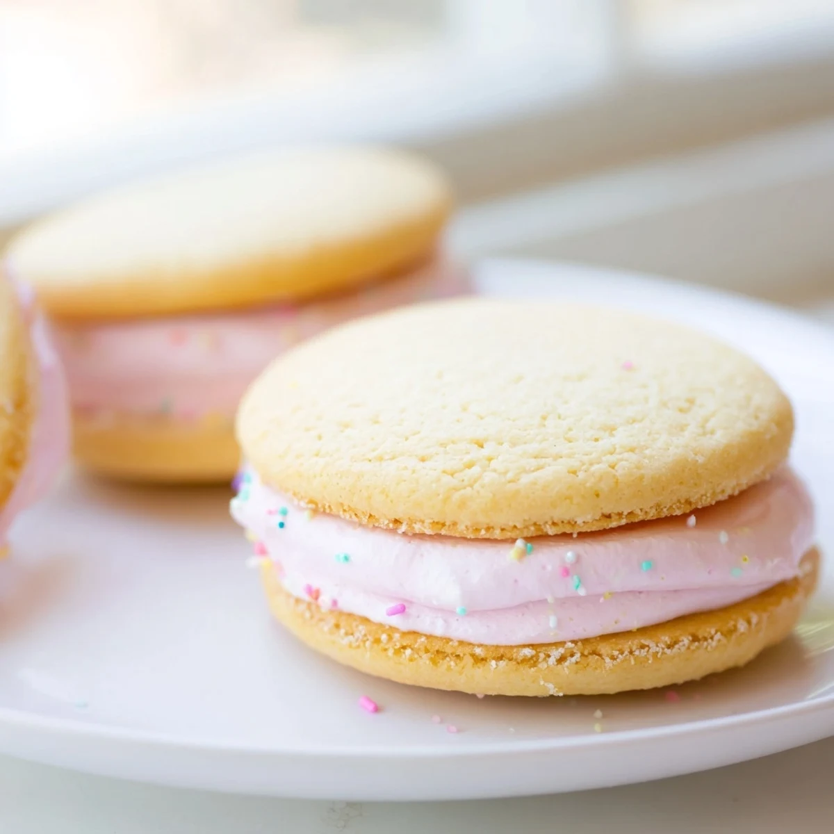 Delicate sugar cookie sandwiches showcasing pink yellow and green buttercream layers stacked together