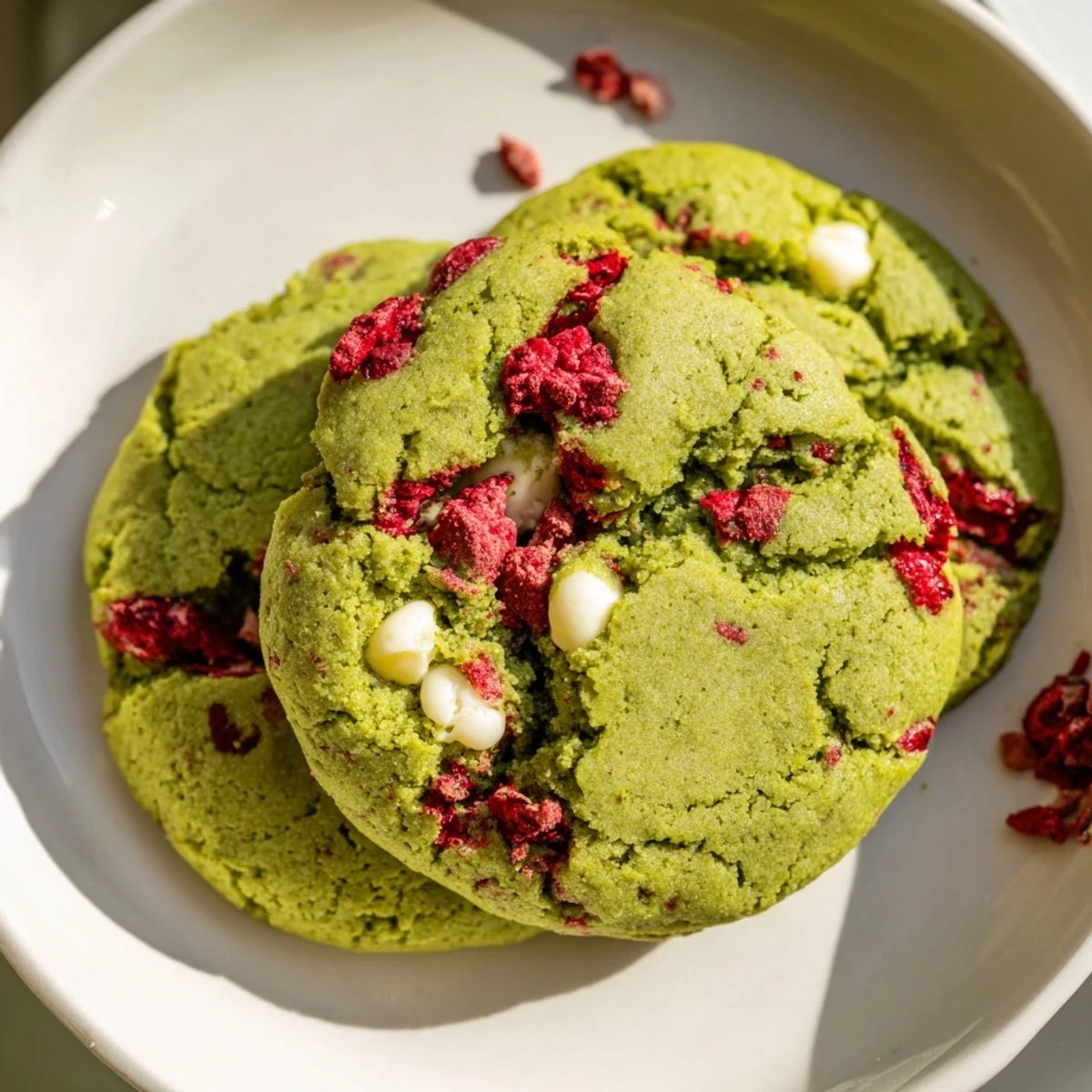 Soft chewy strawberry matcha cookies with vibrant green color and pink berry pieces scattered throughout