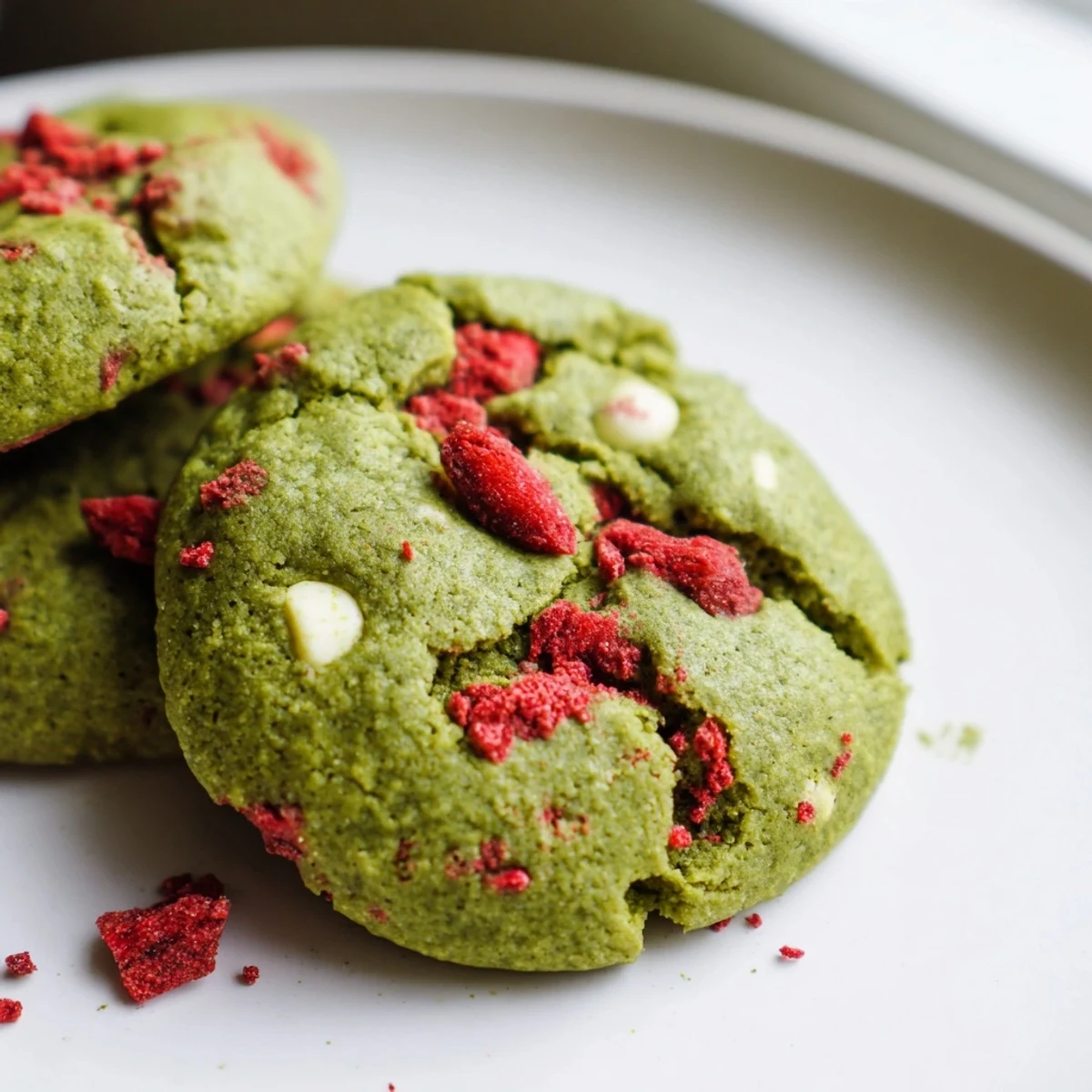 Fresh baked strawberry matcha cookies cooling on a wire rack with speckled strawberry pieces