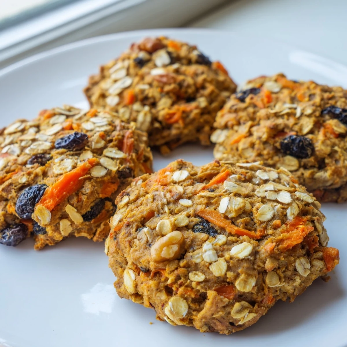 Chewy carrot cake cookies with visible carrot flecks, oats, and walnuts on rustic baking sheet