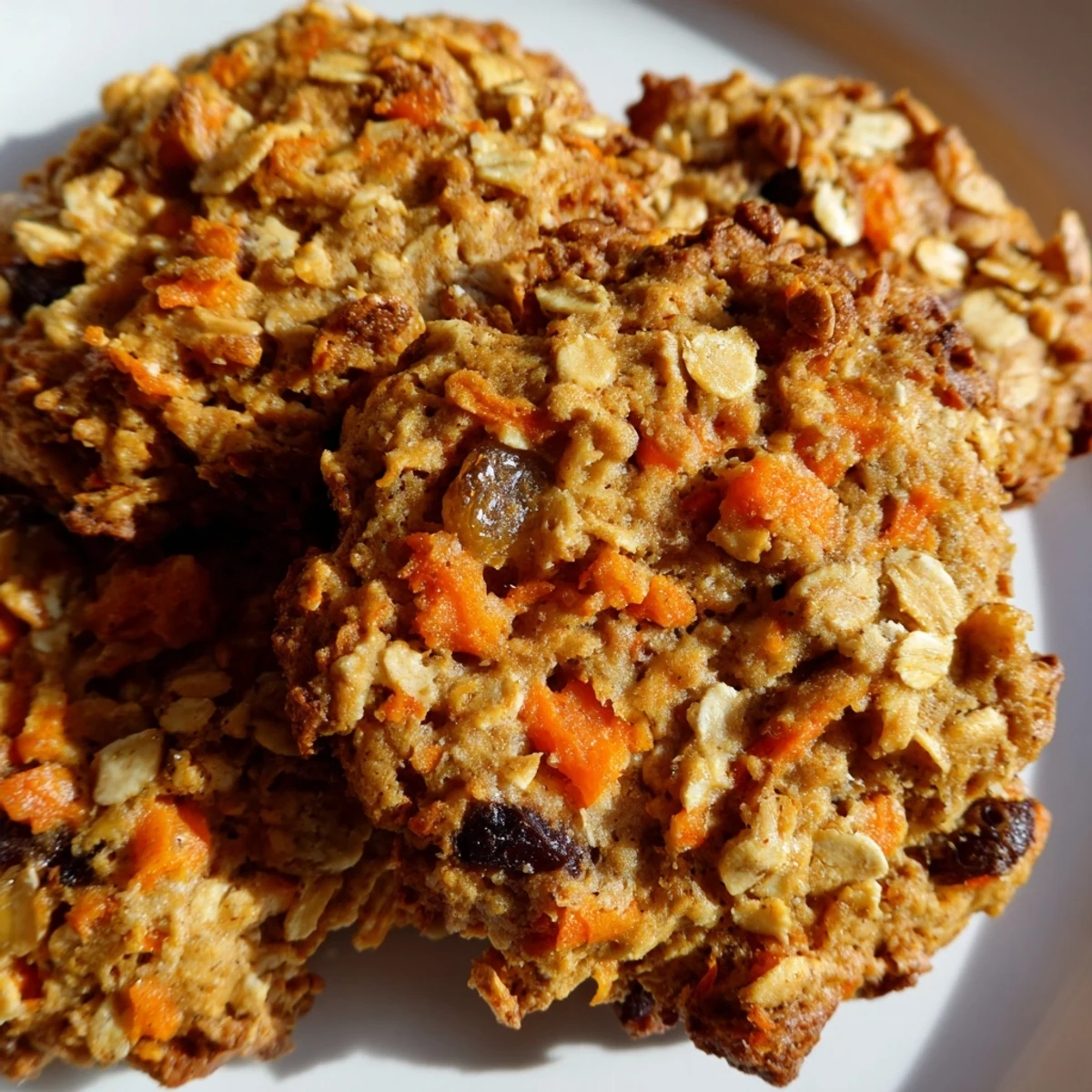 Golden chewy carrot cake cookies stacked on white plate with cream cheese drizzle