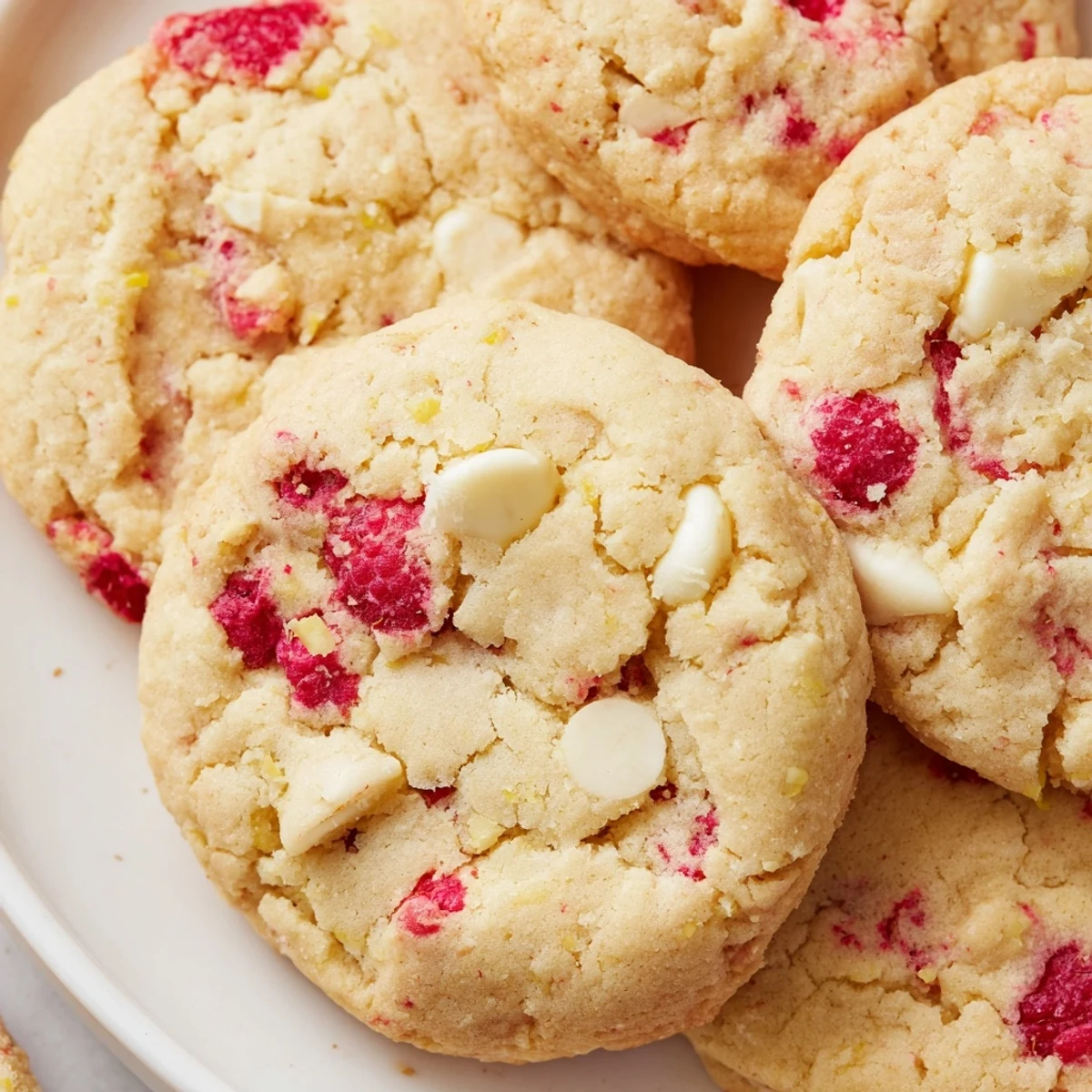 Golden Lemon Raspberry Cookies with juicy berries scattered on a rustic white baking sheet