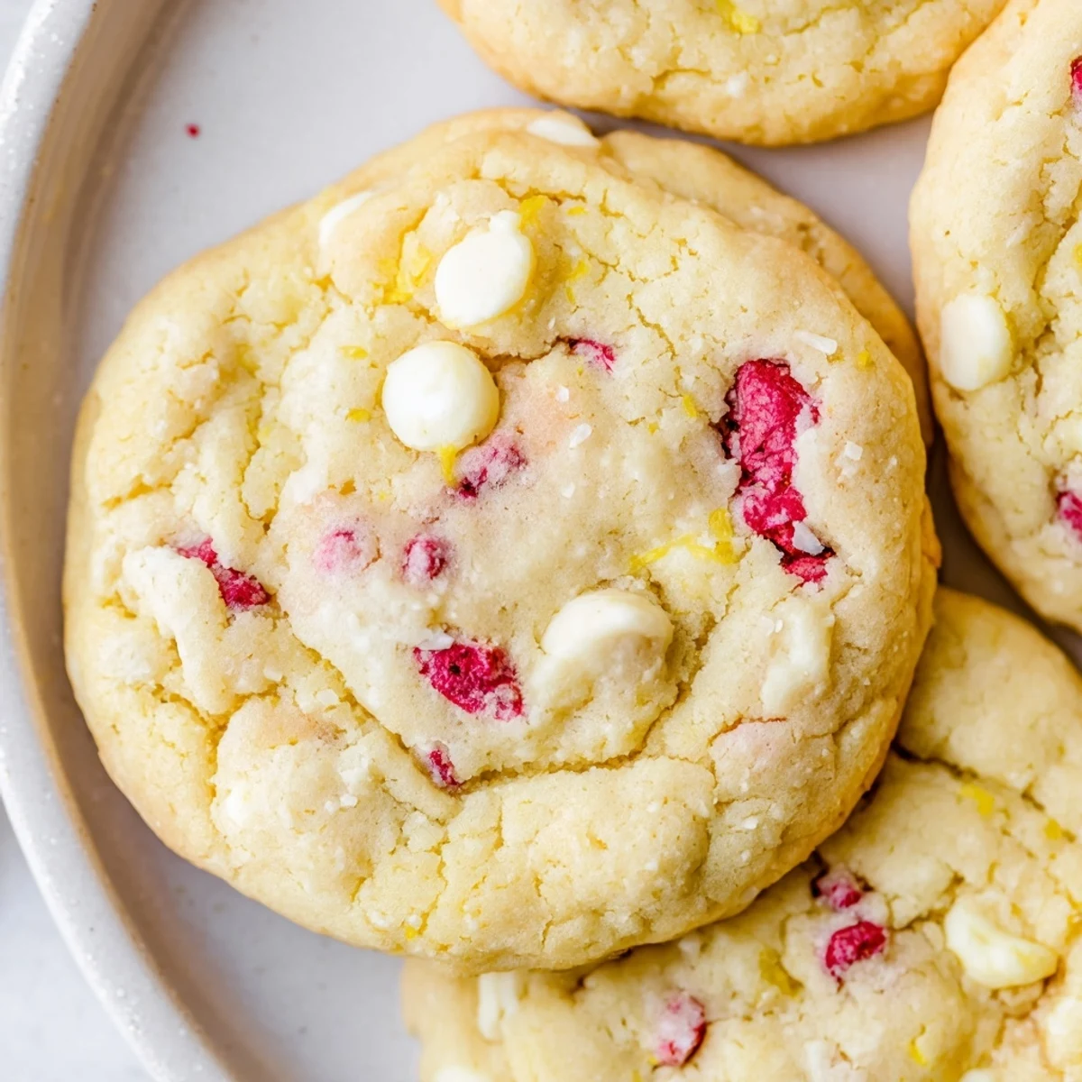 Soft chewy Lemon Raspberry Cookies fresh from the oven with lightly browned edges