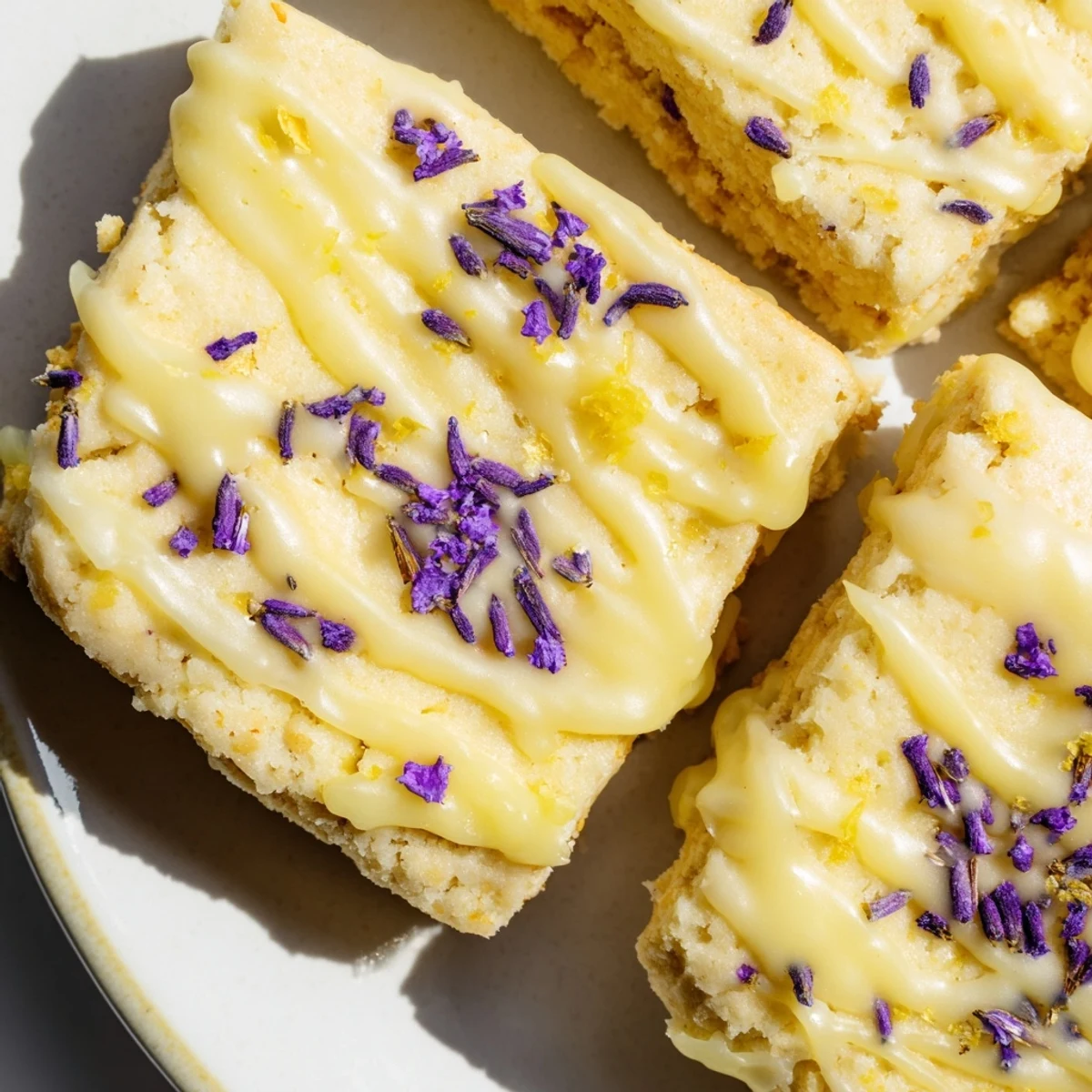 Iced Lemon Lavender Shortbread Cookies drizzled with bright citrus icing on a rustic wooden board
