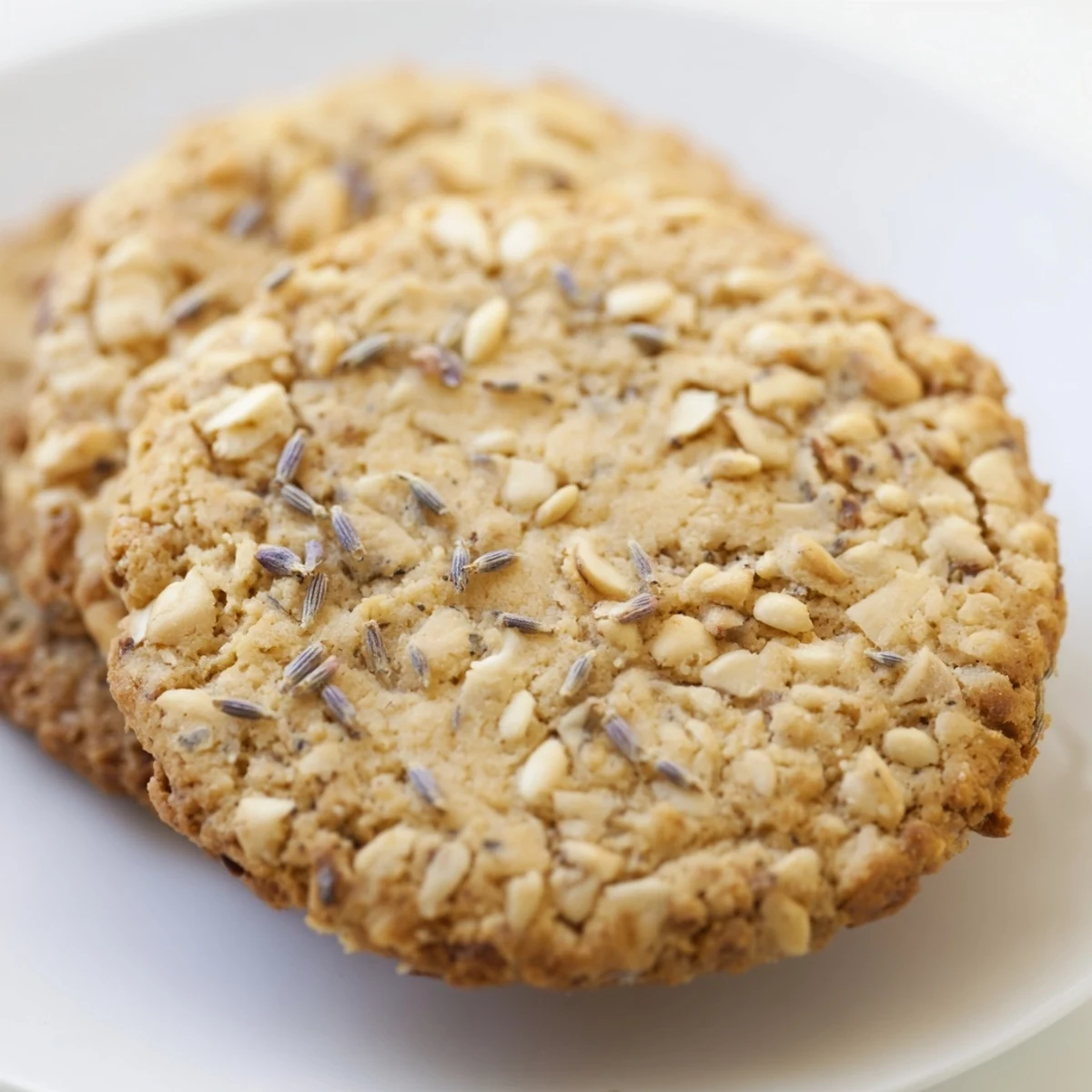 Golden Lavender Honey Crunch Cookies with toasted nuts arranged on a rustic wooden serving board