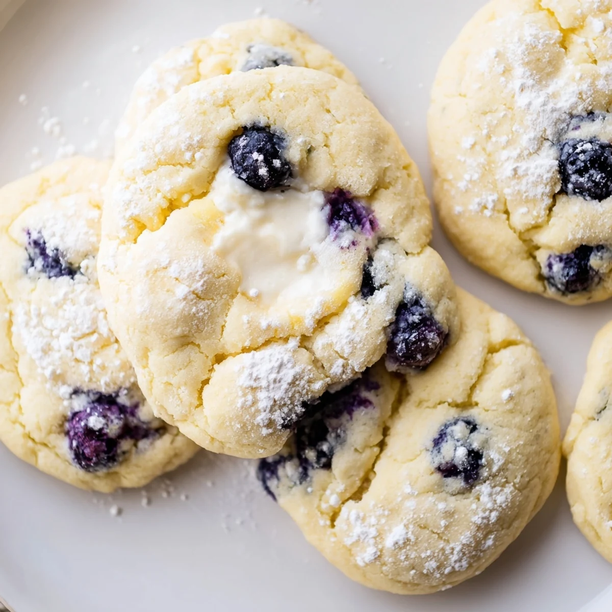 Soft lemon blueberry cheesecake cookies with golden edges and creamy centers on rustic baking sheet