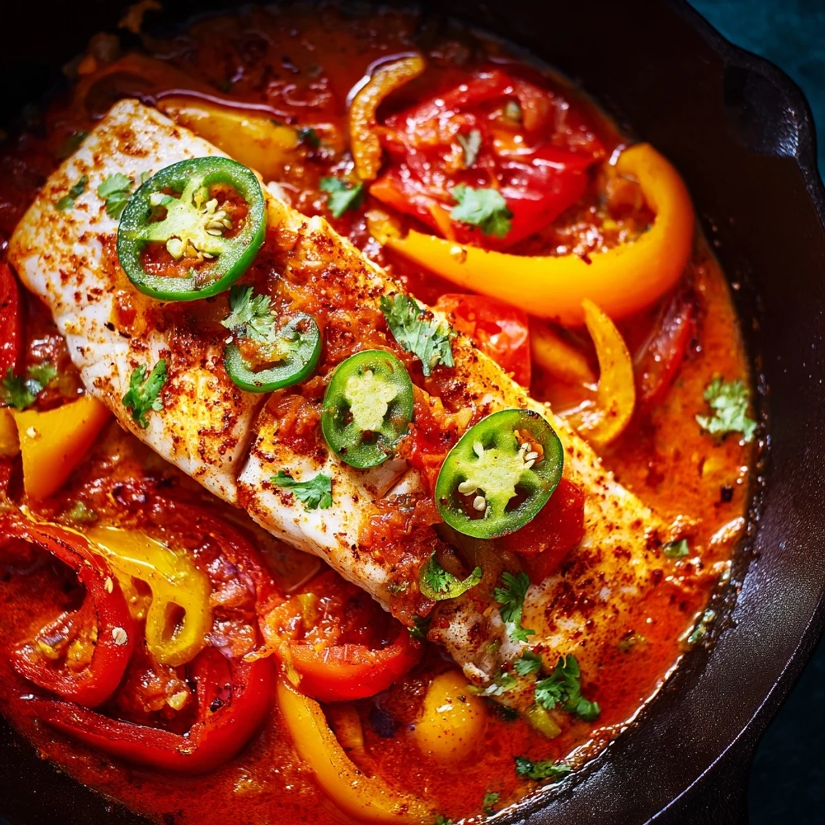 Golden tilapia fillets nestled in colorful roasted peppers with zesty lime and fresh cilantro garnish