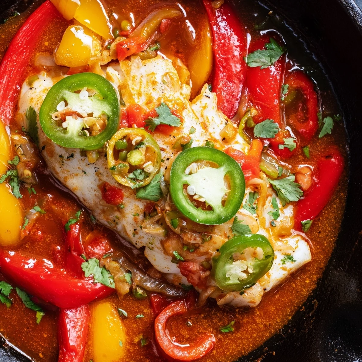 Spicy roasted pepper tilapia skillet simmering with smoky paprika tomatoes and vibrant bell peppers