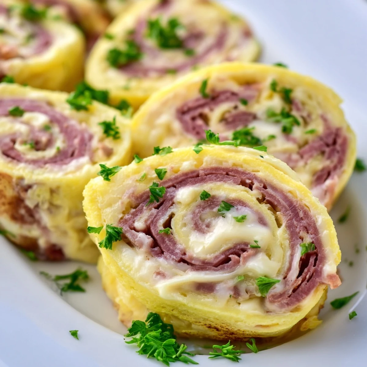 Golden Low Carb Reuben Egg Roll Ups filled with melted Swiss cheese and tender corned beef slices