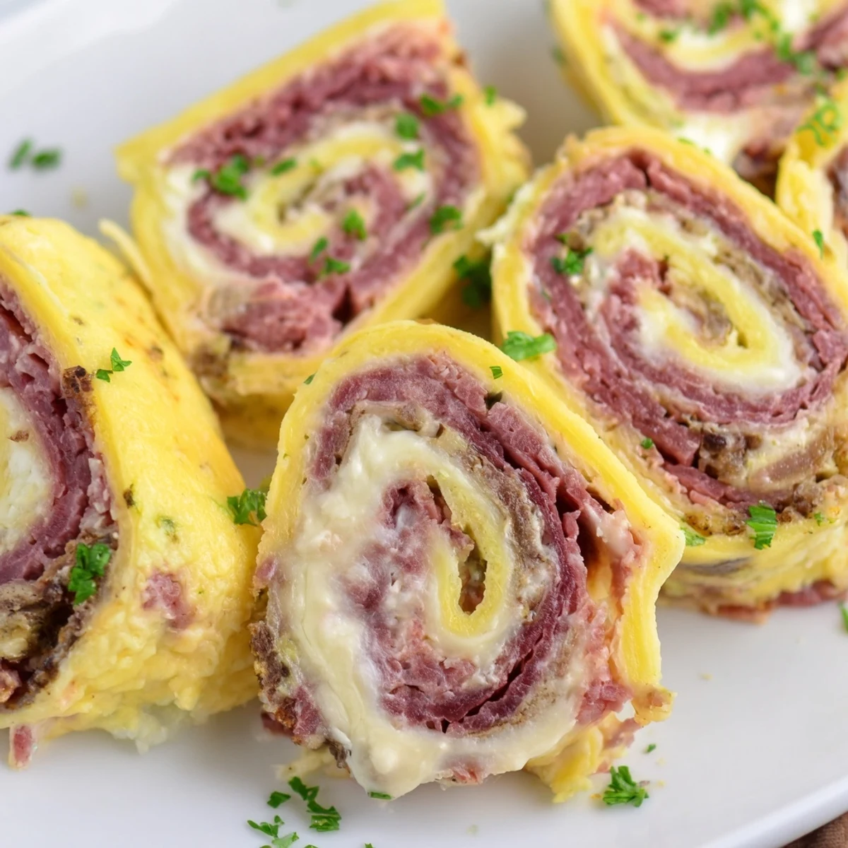 Savory Low Carb Reuben Egg Roll Ups with tangy sauerkraut and creamy Russian dressing drizzle