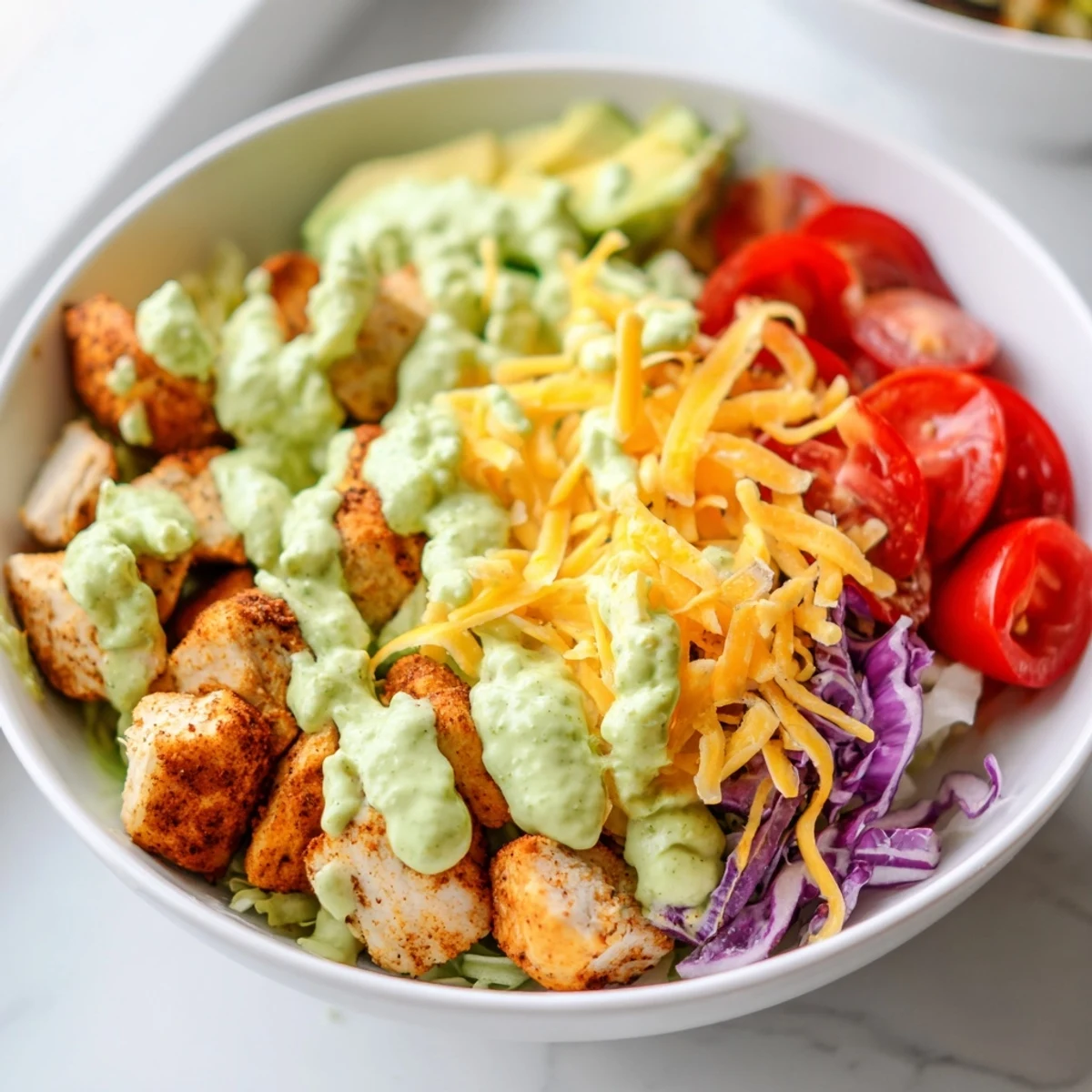 Colorful keto bowls loaded with fresh vegetables, tender spiced chicken, and creamy avocado dressing