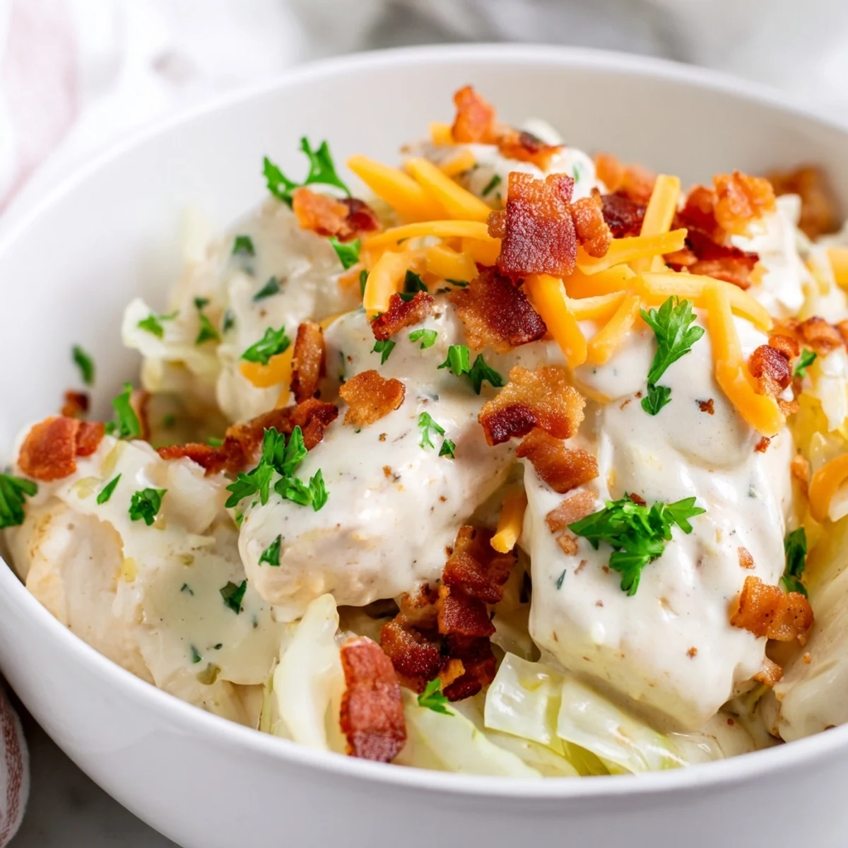 Creamy chicken bacon ranch cabbage bowls topped with crispy bacon and fresh green onions
