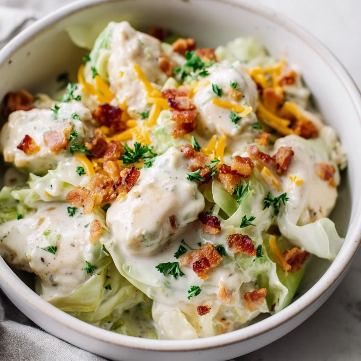 Tender chicken and crunchy cabbage coated in creamy ranch sauce served in rustic bowl