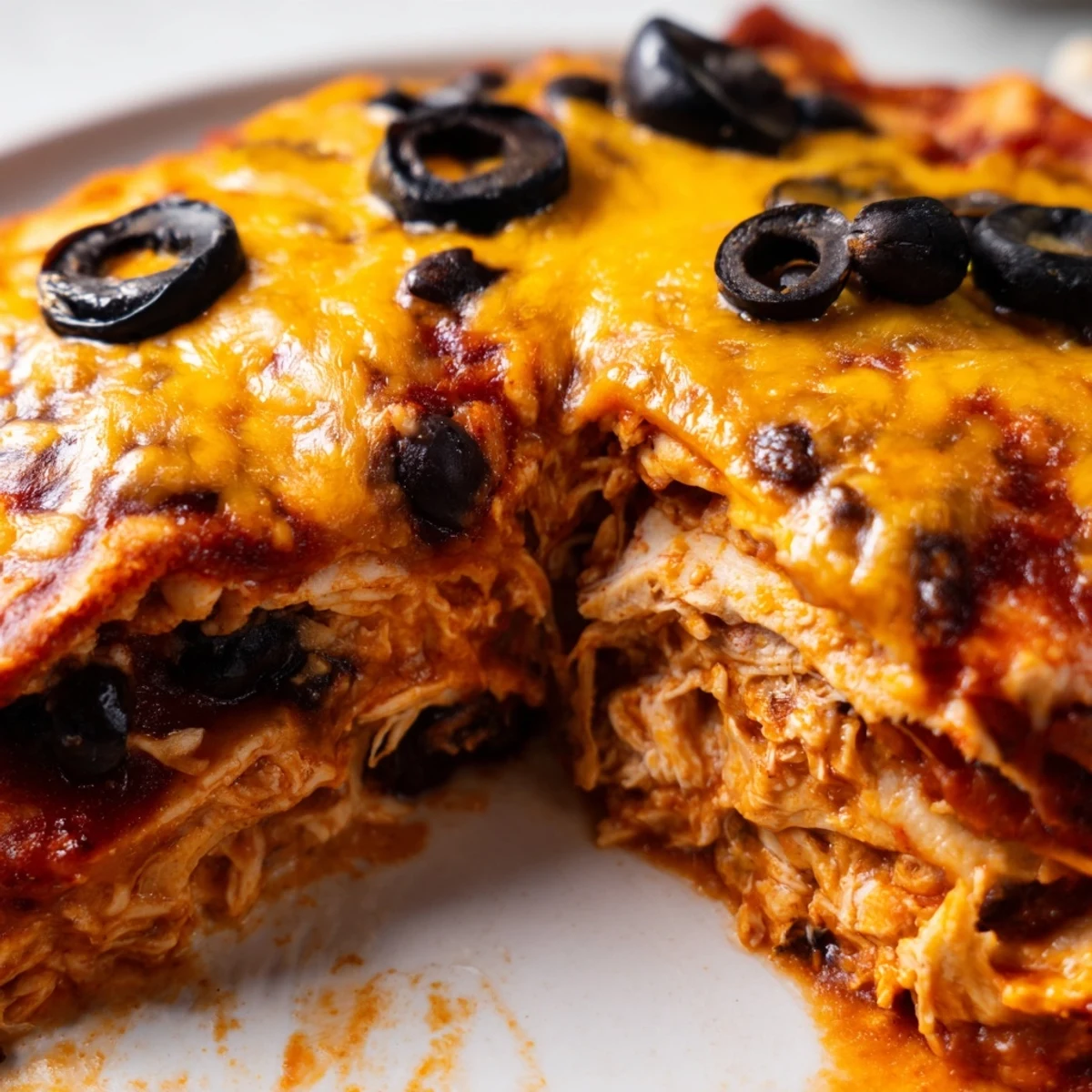 Golden bubbly cheese tops this cheesy shredded chicken enchilada bake fresh from the oven