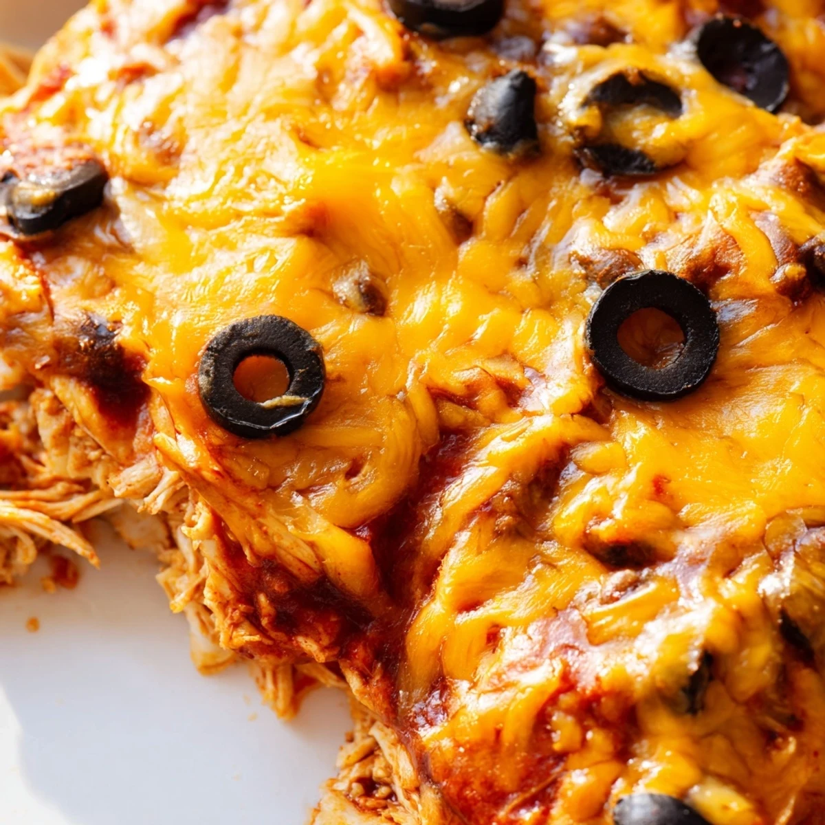 Creamy melted Mexican blend cheese blankets this cheesy shredded chicken enchilada bake casserole
