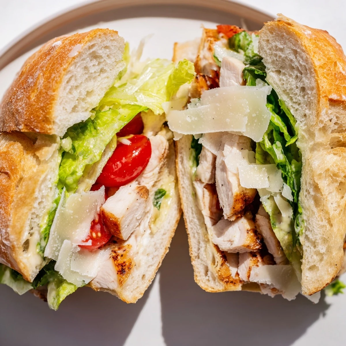 Juicy grilled chicken Caesar sandwich with crisp romaine and creamy dressing on golden toasted ciabatta